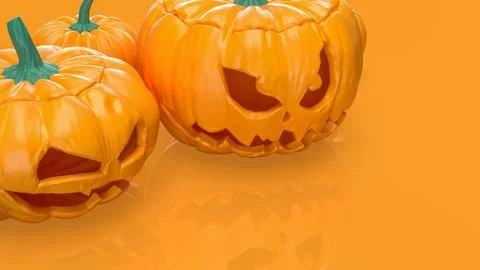 Halloween Jack O Lantern Pumpkins On Orange Background 3d render. Stock Illustration
