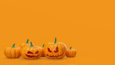 Halloween Jack O Lantern Pumpkins On Orange Background 3d render. Stock Illustration