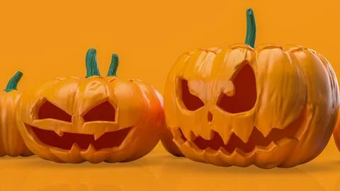 Halloween Jack O Lantern Pumpkins On Orange Background 3d render. Stock Illustration