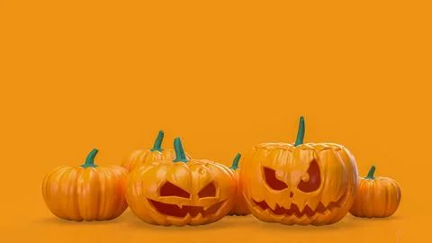 Halloween Jack O Lantern Pumpkins On Orange Background 3d render. Stock Illustration