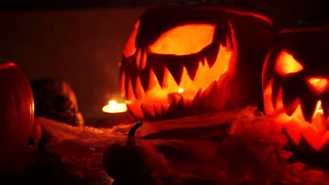 Halloween Jack O'Lantern Pumpkins At Night, Cinematic Scary Scene Stock Footage 141119229