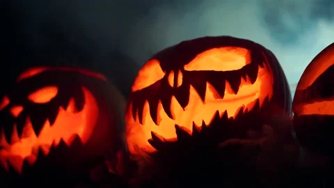 Halloween Jack O'Lantern Pumpkins At Night, Cinematic Scary Scene Stock Footage 141244331