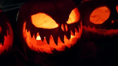 Halloween Jack O'Lantern Pumpkins At Night, Cinematic Scary Scene Stock Footage 141244615