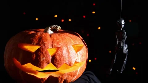 Halloween jack pumpkin and skeleton Video stock 161376160