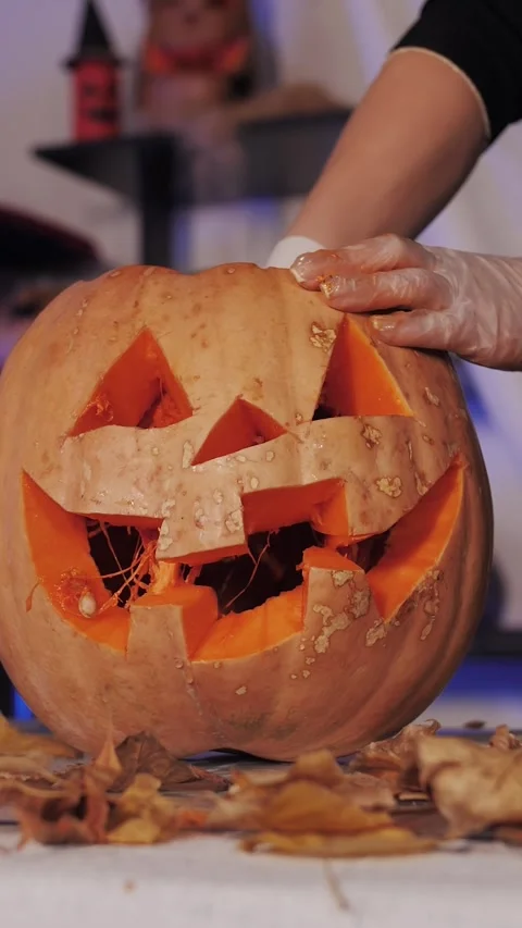 Halloween Jackolantern Carving, Vertical Format. Stock Footage 320886338