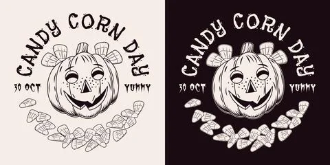 Halloween label with candy corn, pumpkin like kid Stock Illustration