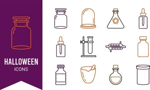 Halloween laboratory glassware line vector icons set featuring potion bottl.. Stock Illustration