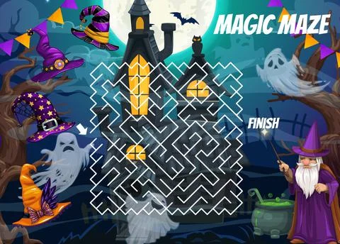 Halloween labyrinth maze game, witch hat, castle Stock Illustration