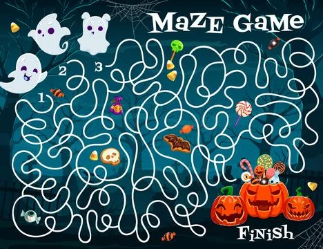 Halloween labyrinth maze, help to ghost find exit Illustrazione stock