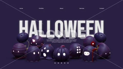 Halloween Landing Page Template With 3D Rendering Illustration Modello PSD