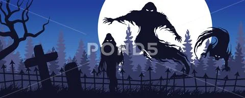 Halloween landscape with ghostly figure and cemetery B Stock Illustration