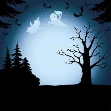 Halloween landscape with ghosts Stock Illustration