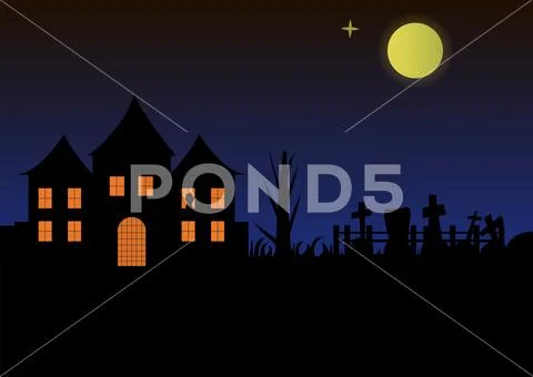 Halloween landscape house castle with burning windows and gothic views Stock Illustration