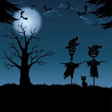 Halloween landscape, with scarecrows Stock Illustration