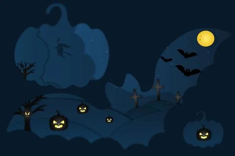 Halloween landscape. Window in the form of a bat and pumpkin. Vector. Ilustração Stock