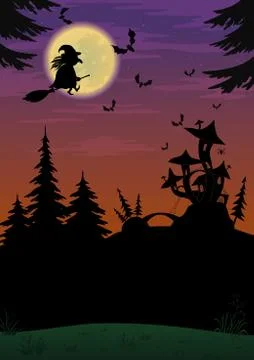 Halloween landscape with witch Stock Illustration