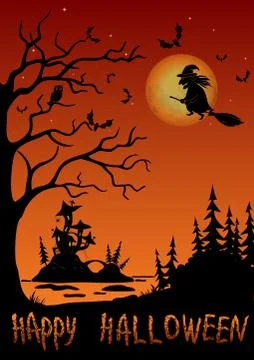Halloween Landscape with Witch Stock Illustration