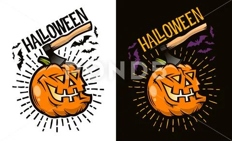 Halloween laughing pumpkin with an ax sticking out of its head Stock Illustration
