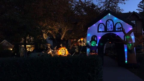 Halloween Lights At Night Front Yard Stock Footage
