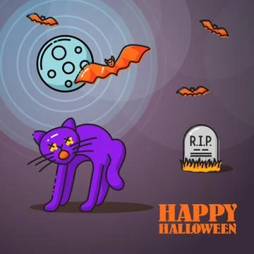 Halloween linear banner with scared cat under the moon, with bats. Vector Stock Illustration
