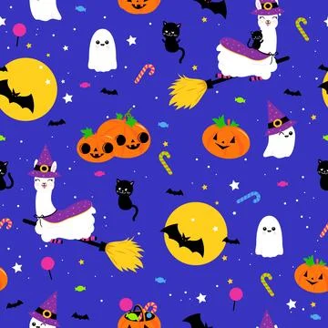 Halloween llama background. Seamless pattern. Vector illustration Stock Illustration