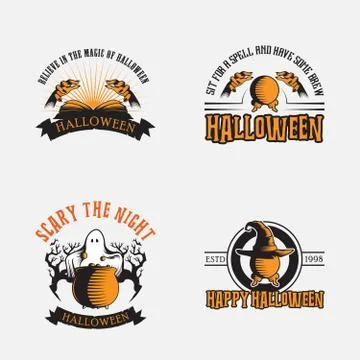 Halloween logo design inspiration, vector collection of halloween stickers. Иллюстрация
