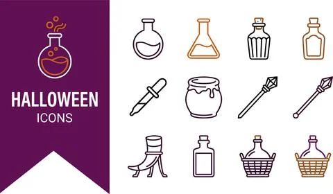 Halloween magic potion vector icons set with glass flasks, bubbling beakers.. Stock Illustration