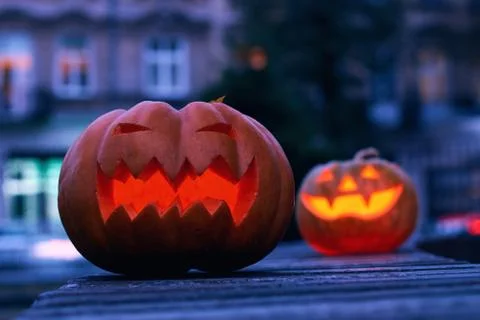 Halloween magic pumpkins at night Stock Photos