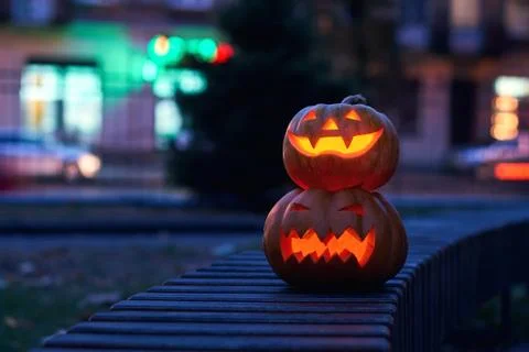 Halloween magic pumpkins at night Stock Photos