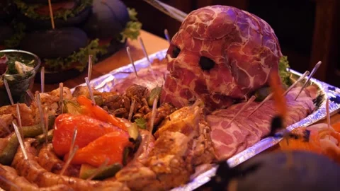 Halloween Meat Skull Buffet Platter with Bacon and Party Food Video stock 336816049