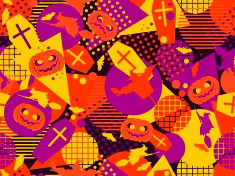 Halloween memphis seamless pattern. Festive background with mystical creature Stock Illustration