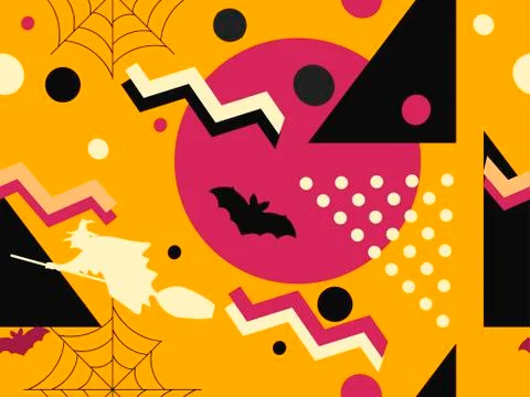 Halloween memphis seamless pattern. Geometric shapes and holiday symbols, ico Stock Illustration