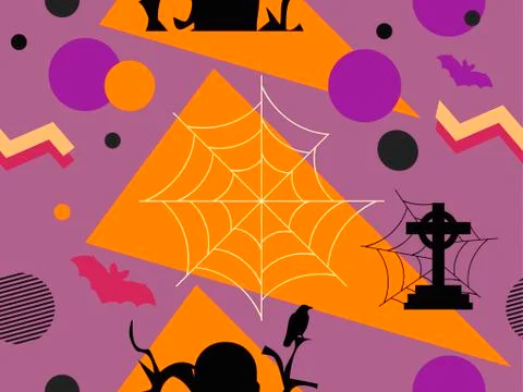 Halloween memphis seamless pattern. Geometric shapes and holiday symbols, ico Stock Illustration
