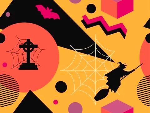 Halloween memphis seamless pattern. Geometric shapes and holiday symbols, ico Stock Illustration