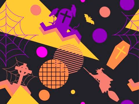 Halloween memphis seamless pattern. Geometric shapes and holiday symbols, ico Stock Illustration