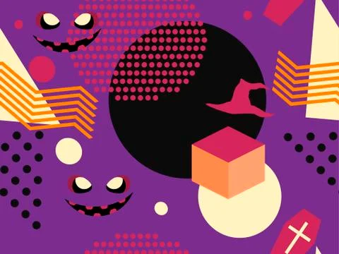 Halloween memphis seamless pattern. Geometric shapes and holiday symbols, ico Stock Illustration