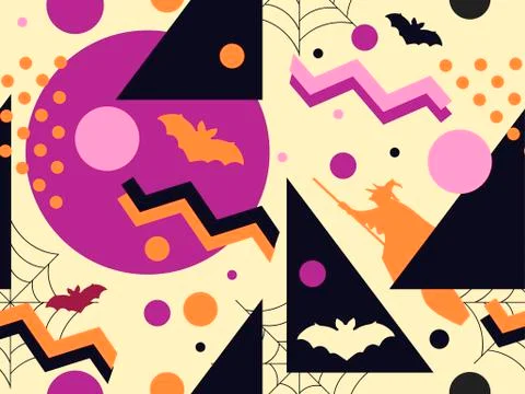 Halloween memphis seamless pattern. Geometric shapes and holiday symbols, ico Illustrazione stock