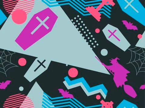 Halloween memphis seamless pattern. Geometric shapes and holiday symbols, ico Stock Illustration