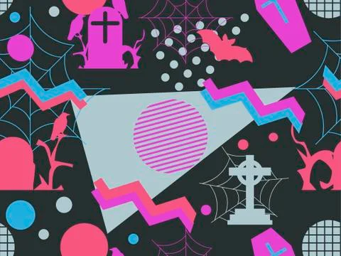 Halloween memphis seamless pattern. Geometric shapes and holiday symbols, ico 스톡 일러스트