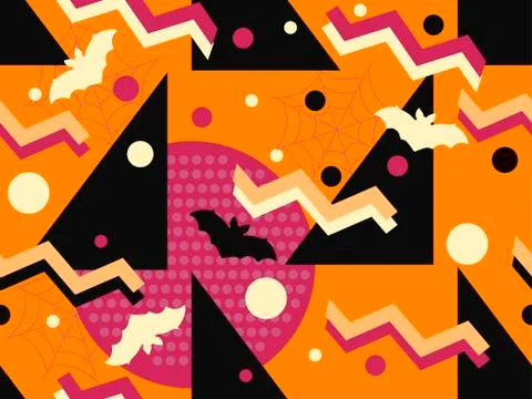 Halloween memphis seamless pattern. Geometric shapes and holiday symbols, ico Stock Illustration