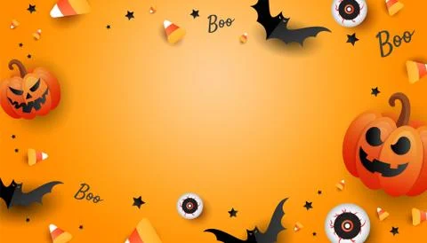 Halloween mockup design frame with pumpkin, color candy, big eye, bats on ora Stock Illustration
