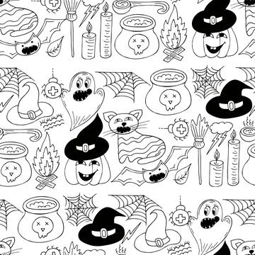 Halloween Monochrome pattern in hand draw style 스톡 일러스트