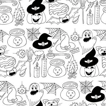 Halloween Monochrome pattern in hand draw style 스톡 일러스트