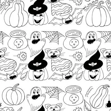Halloween Monochrome pattern in hand draw style 스톡 일러스트
