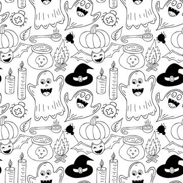 Halloween Monochrome pattern in hand draw style 스톡 일러스트