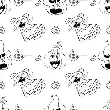 Halloween Monochrome pattern in hand draw style Stock Illustration