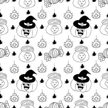 Halloween Monochrome pattern in hand draw style Stock Illustration