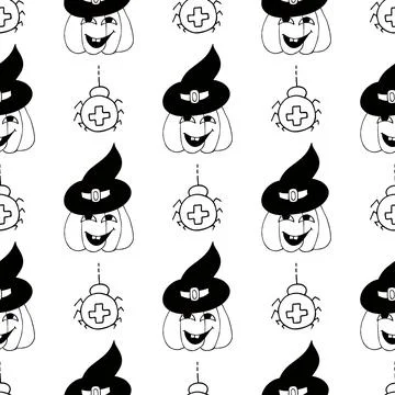 Halloween Monochrome pattern in hand draw style Stock Illustration