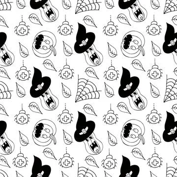 Halloween Monochrome pattern in hand draw style Stock Illustration