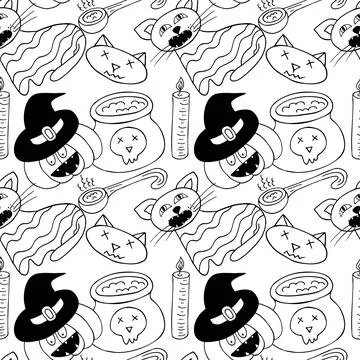 Halloween Monochrome pattern in hand draw style Stock Illustration